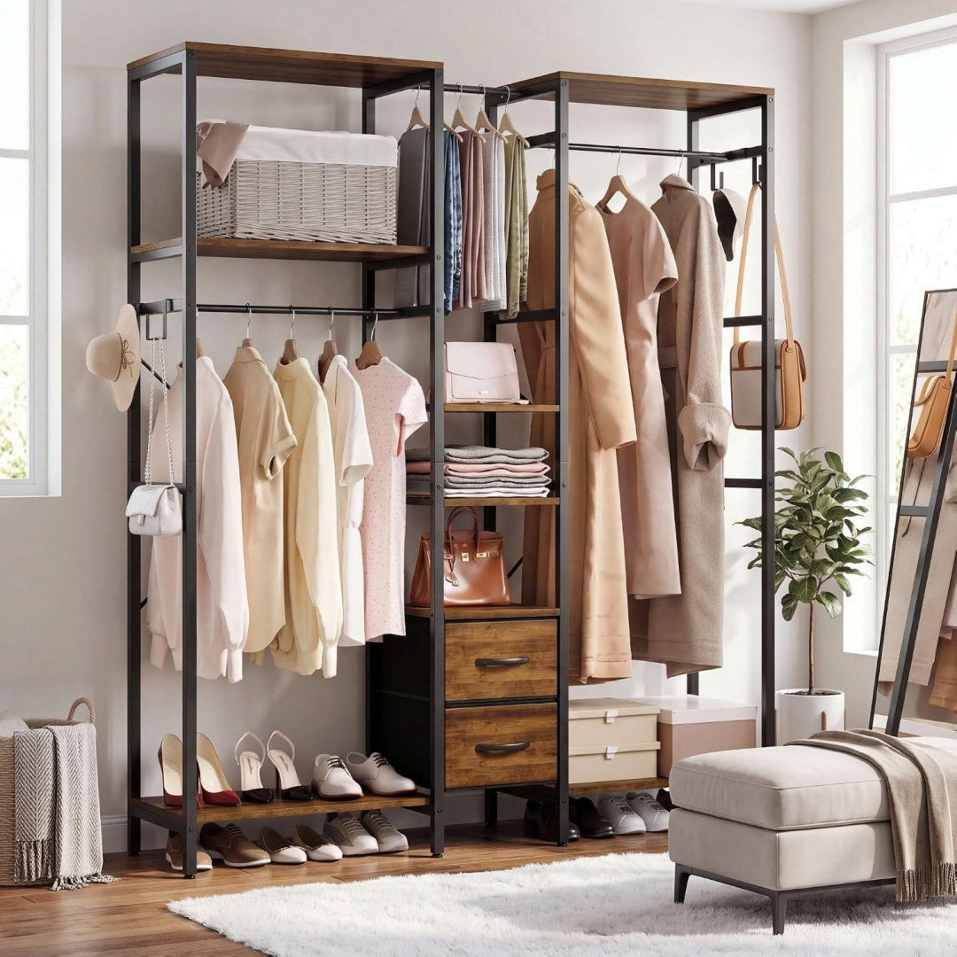 ironck kleiderstaender offener kleiderschrank aus metall und holzwerkstoff freistehendes schranksystem mit 3 stangen 2 stoffschubladen und verstellbaren regalen fuer schlafzimmer ankleidezimmer