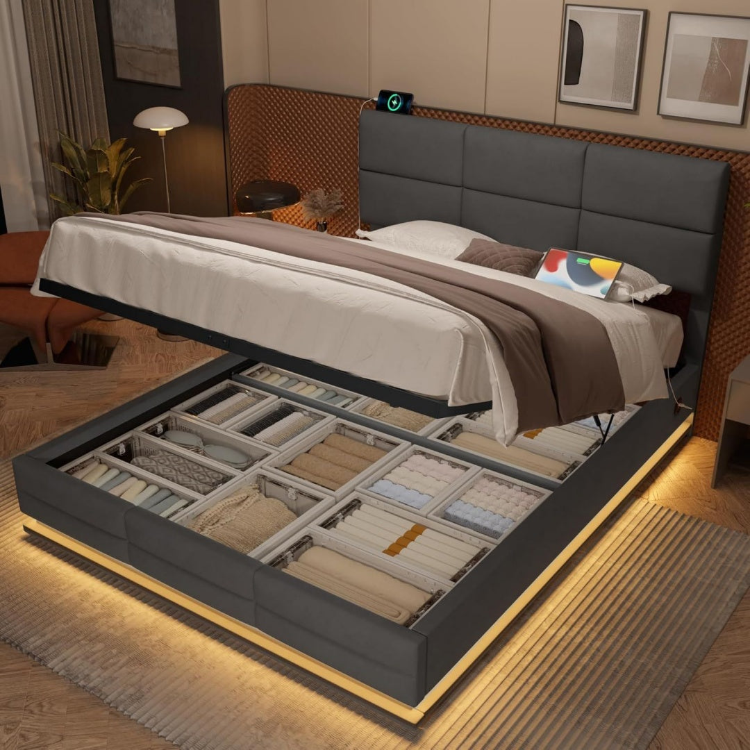 polsterbett 160x200cm mit stauraum doppeltbett bettrahmen mit lichtemittierende diode und zweiseitige usbtype-c-ladefunktion bettgestell mit verstellbarem kopfteil mit lattenrost ohne matratze grau