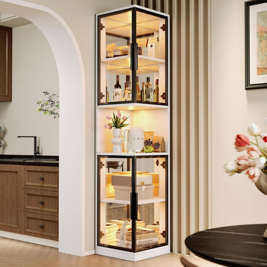 dolamani vitrine 205 cm hoher mit lichtemittierende diode beleuchtung und doppelten glastueren glasvitrine eckvitrine 5-lagen sammlervitrine kippschutzvorrichtung fuer wohnzimmerschlafzimmerbuero weiss